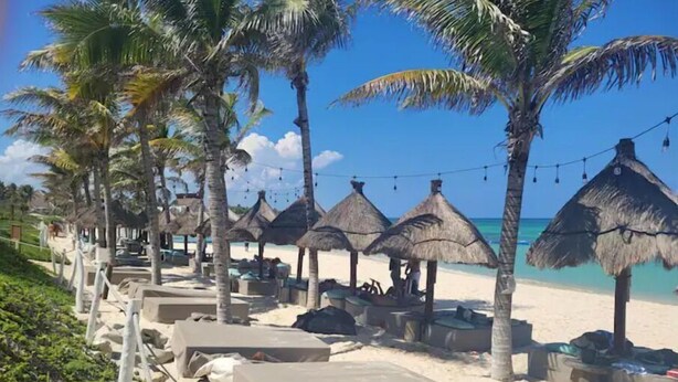 A beach with thatched umbrellas and lounge chairs, suggesting a resort setting.