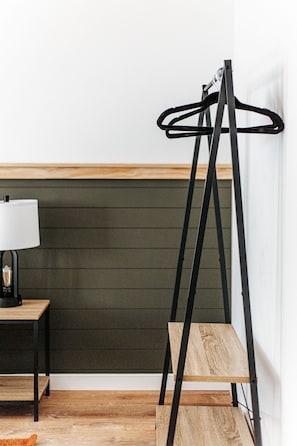 Simple, modern space with a dark green wall, wooden floor, and a black hanger rack.