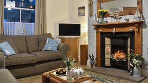 Una sala de estar acogedora con sofá, televisor de pantalla plana, chimenea y ventana con cortinas.