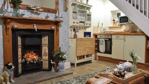 Una sala de estar acogedora con chimenea, un perro y una zona de cocina con microondas y horno.