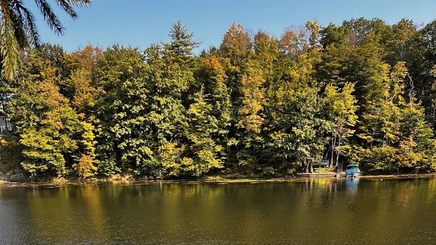 A lakeside deck with Adirondack chairs, a dock, and a stone pathway leading to the water.