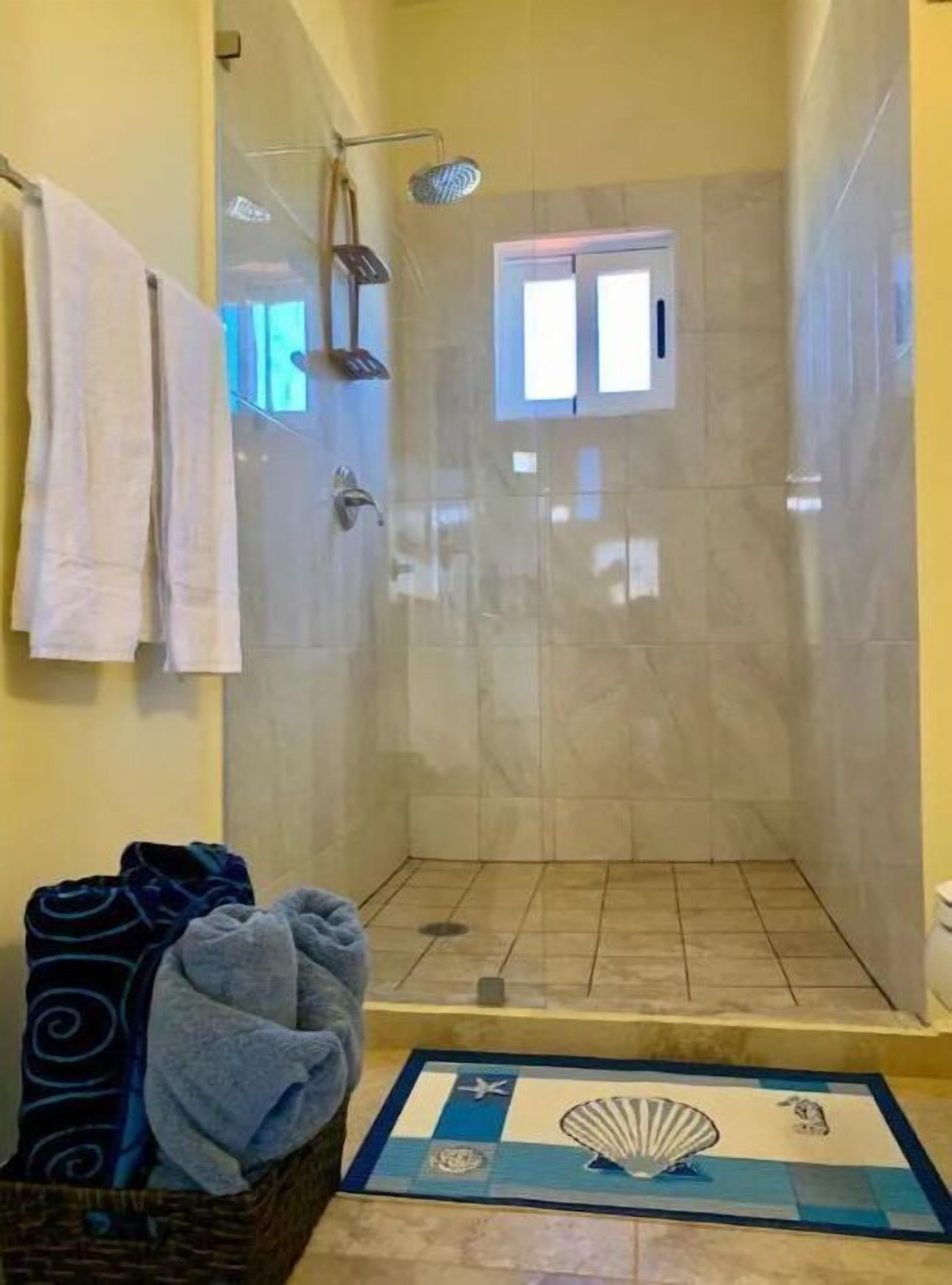 A walk-in shower with a glass door, a window, and a tiled floor.