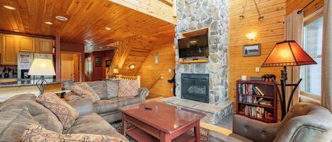 Smart TV, fireplace, foosball, books