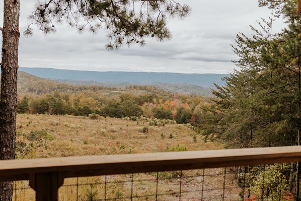 Vista desde un balcón con baranda de madera, sobre un paisaje montañoso con árboles y arbustos.