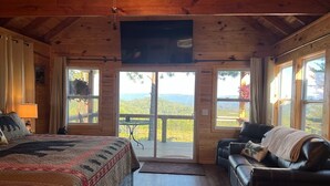 Una camera accogliente con un letto, un divano in pelle e una TV.