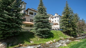 Zona residencial amb un rierol, envoltada d'edificis i arbres.