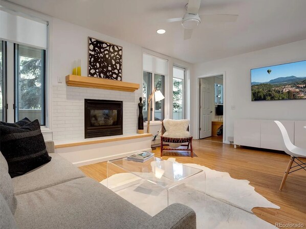 Fernseher, Kamin, Bücher, Stereoanlage