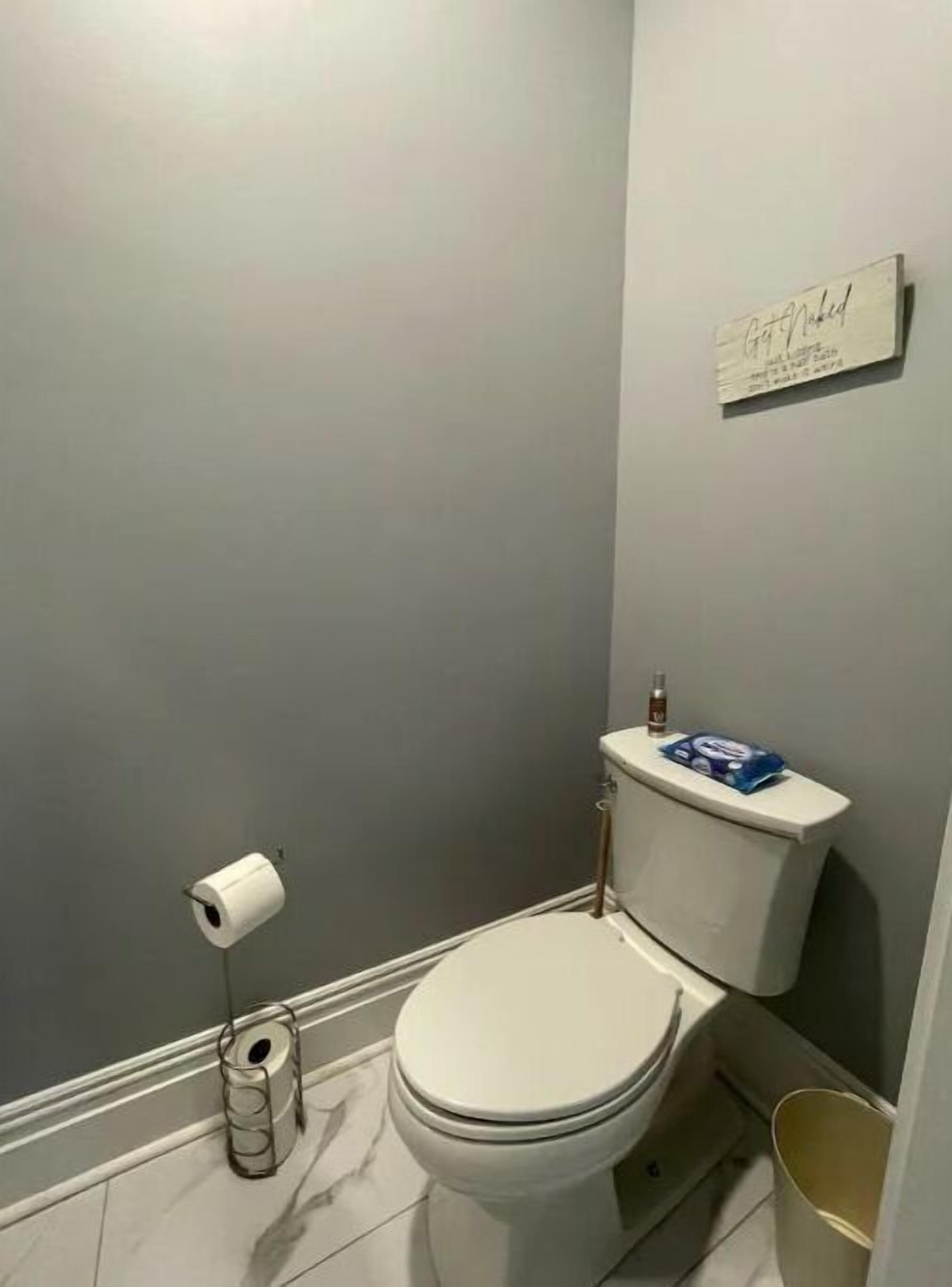 Un baño pequeño con un inodoro, un rollo de papel higiénico y un cubo de basura.