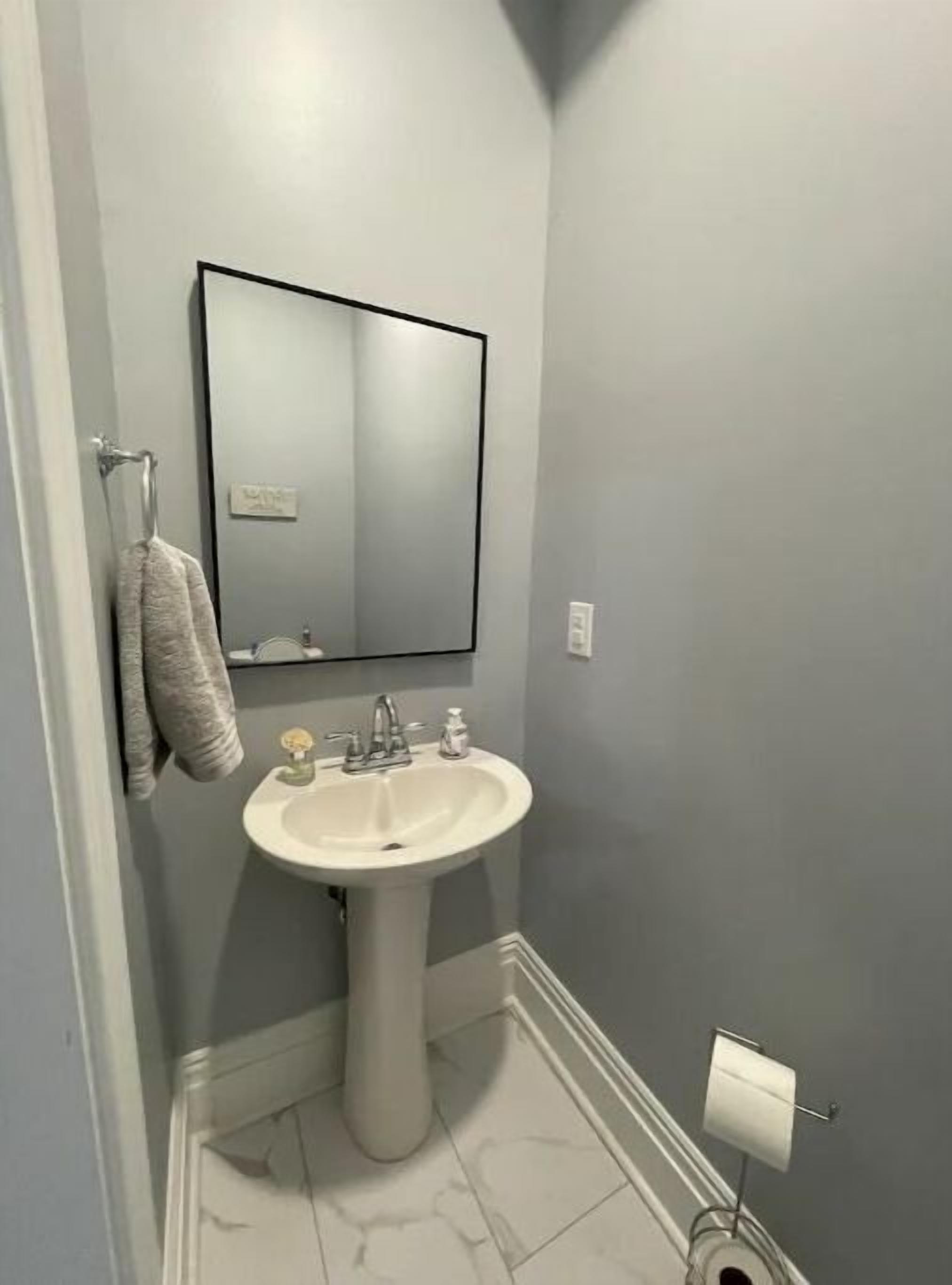 Une salle de bain avec un lavabo sur colonne, un porte-serviettes avec une serviette, un miroir et un porte-rouleau de papier toilette.