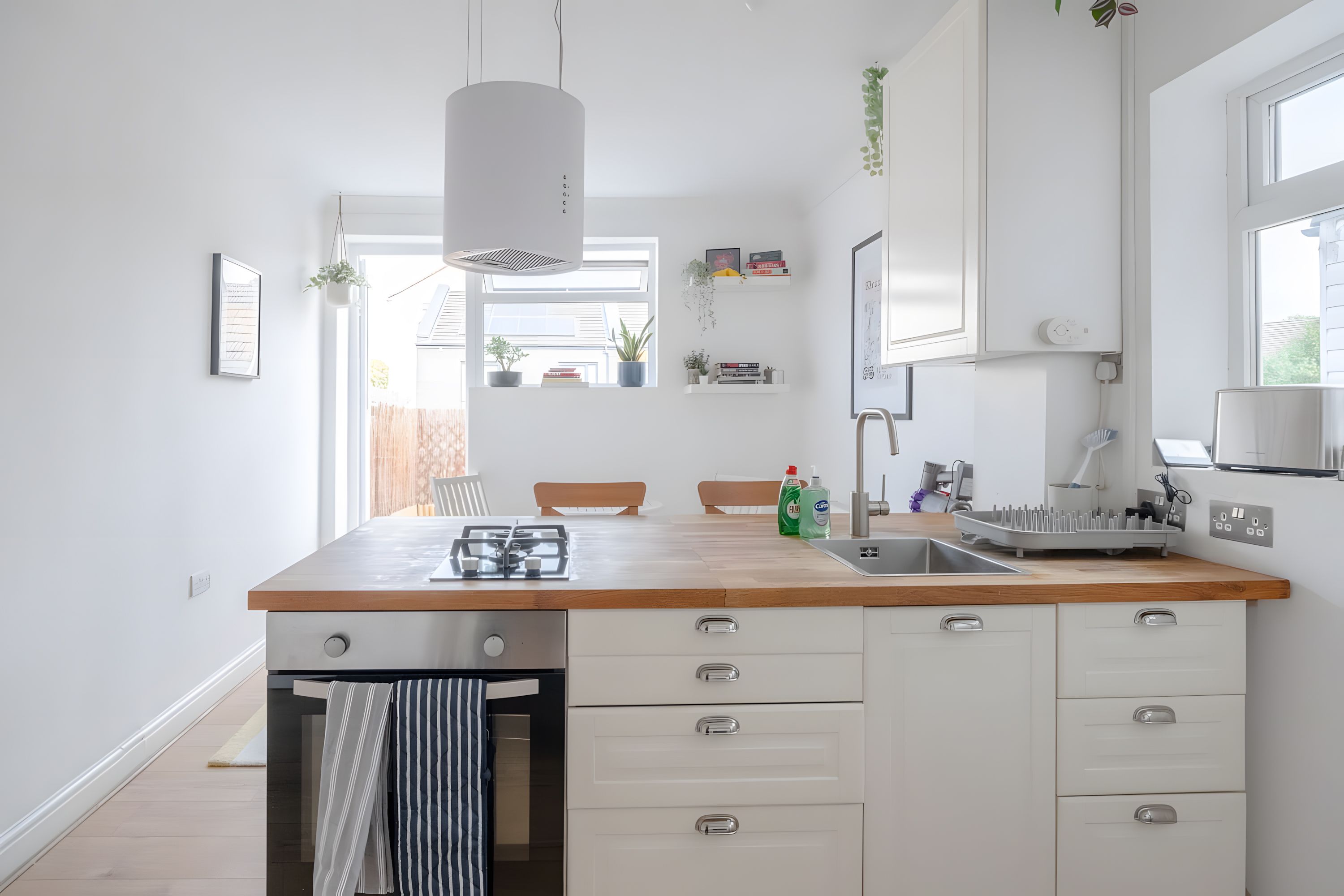 A modern kitchen with a wooden countertop, white cabinetry, a built-in stove, and a window providing natural light.
