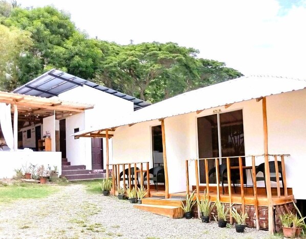 A modern house with a covered porch, a small staircase, and potted plants.