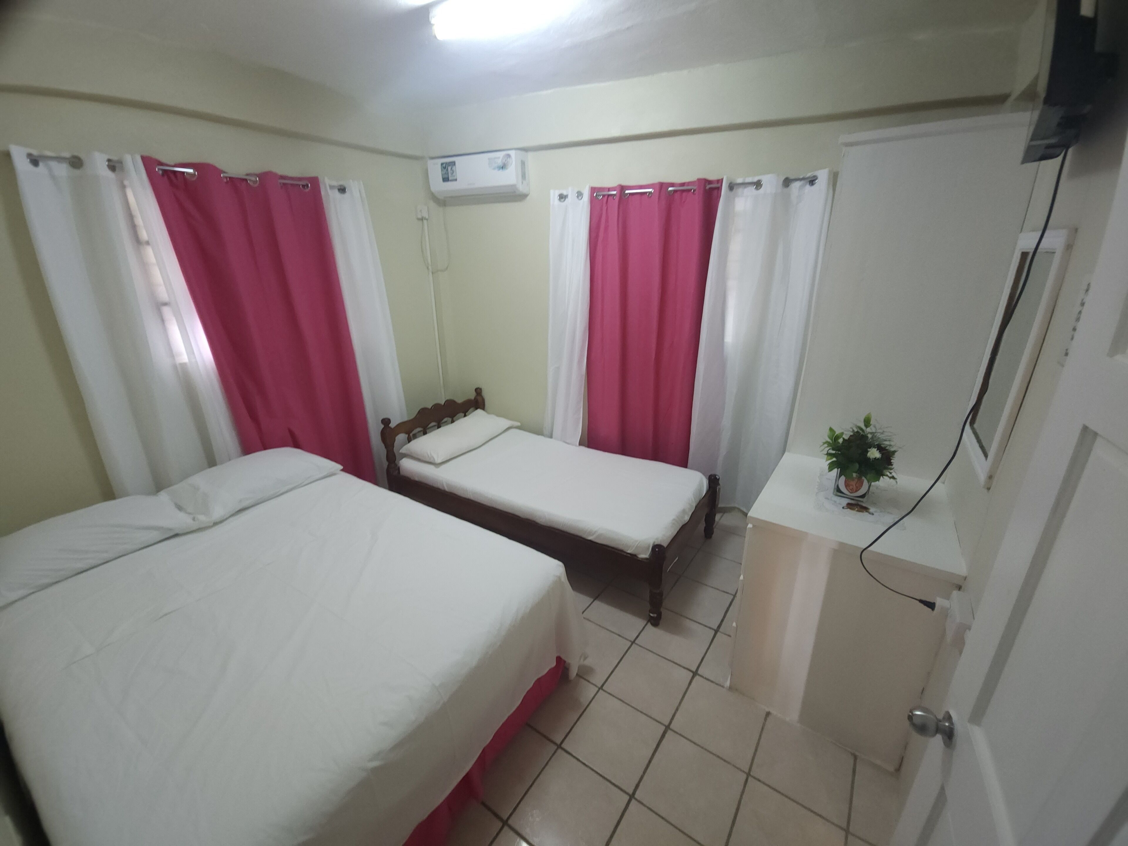 A bedroom with two beds, a small bedside table with a plant, and an air conditioning unit on the wall.
