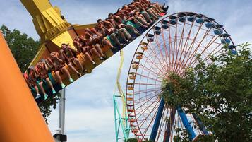 A roller coaster with a large wheel and a steep drop.
