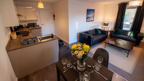 A compact living space with a kitchenette, a dining area with a table set for two, a sofa, and a coffee table.
