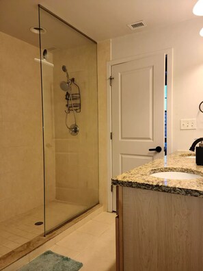 Hair dryer, towels, soap, toilet paper