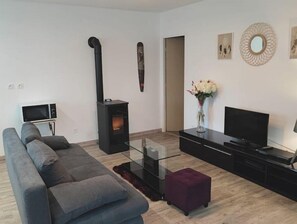 Smart TV, fireplace, DVD player, video library