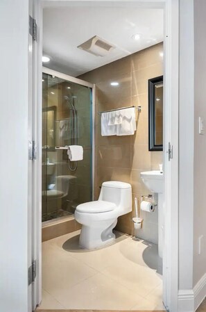 Dusche, Haartrockner, Handtücher, Seife