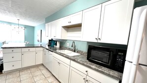 A kitchen with white cabinets, a granite countertop, a sink, a microwave, and a dishwasher.