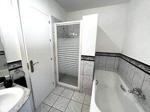 Hair dryer, towels, soap, shampoo