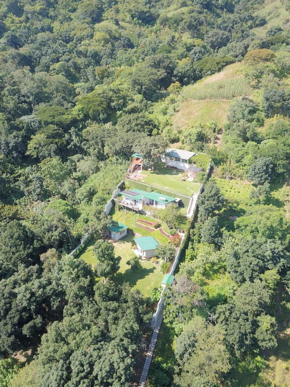 An aerial view of a property with multiple buildings surrounded by dense forest. There are several structures with green roofs, a visible swimming pool, and a paved pathway connecting the buildings.