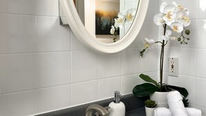 A bathroom with a white sink, a mirror, and a potted orchid. - Large Apartment in Downtown (Québec)