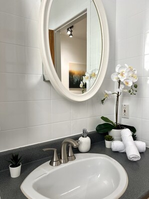 A bathroom with a white sink, a mirror, and a potted orchid. - Large Apartment in Downtown (Québec)