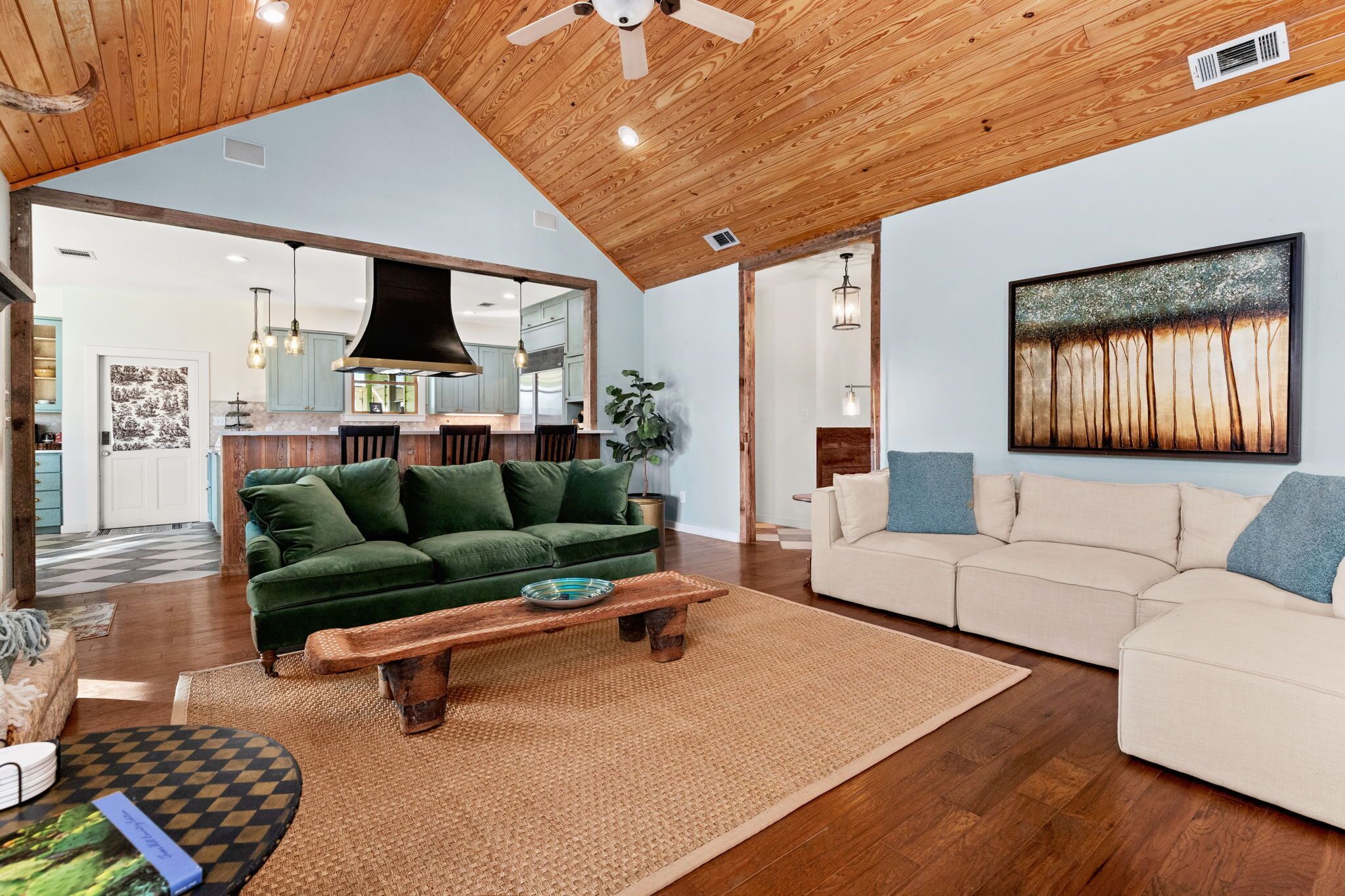 Smart-tv, eldstad, ett bordtennisbord och böcker