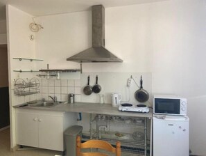 Fridge, microwave, stovetop, cookware/dishes/utensils