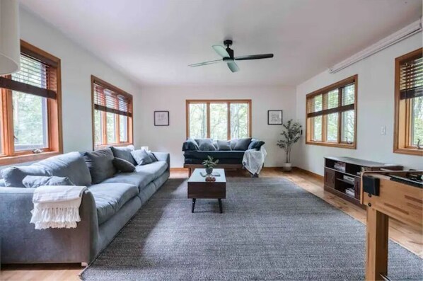 Smart TV, fireplace, foosball, books