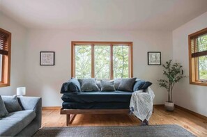 Smart TV, fireplace, foosball, books