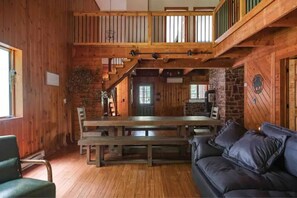 Smart TV, fireplace, table football, books