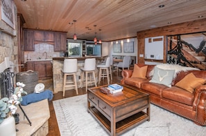 Smart TV, fireplace, books, stereo