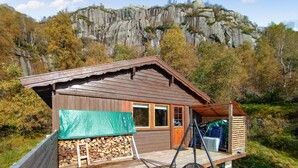 Une cabane avec une façade en bois, une véranda et une vue sur une montagne rocheuse.