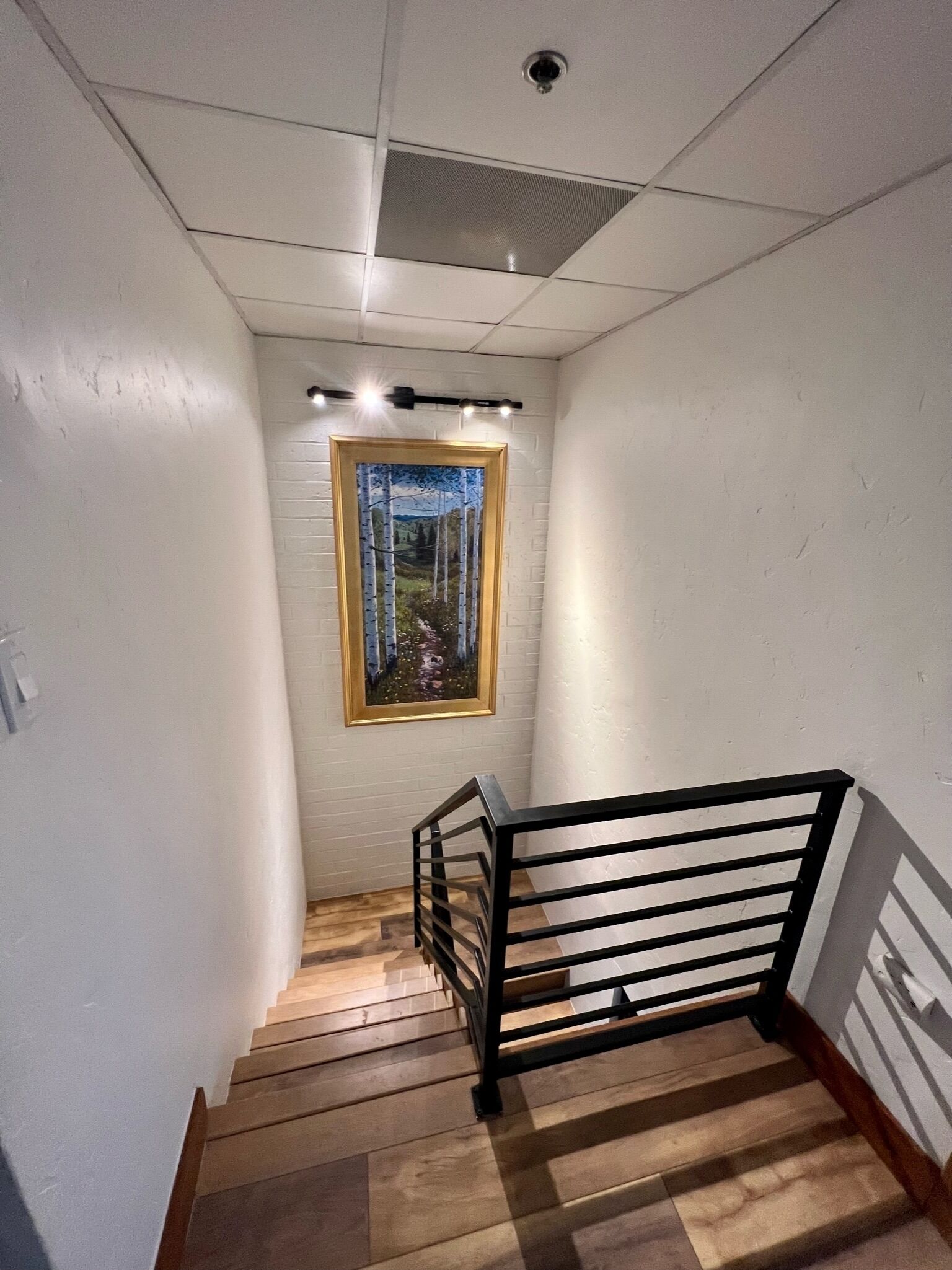 Una escalera de madera con barandilla de metal negro, que conduce a un rellano con un cuadro enmarco.