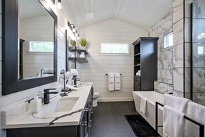 Shower, hair dryer, towels, shampoo