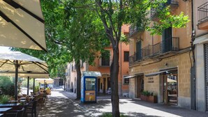 Une rue bordée d’arbres, avec des tables en terrasse, et un bâtiment sur lequel on peut lire l’inscription « Casa Cacao ».