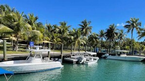 A marina with several boats docked, surrounded by palm trees and clear blue skies. - Jasmine-On the Harbour, Minutes from the Beach (Spanish Wells)