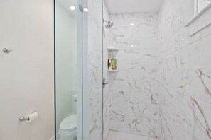 Hair dryer, towels, soap, shampoo