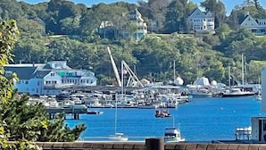 A marina with boats, a bridge, and houses on a hillside.