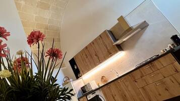 KĂŒhlschrank, Mikrowelle, Herdplatte, Wasserkocher mit Kaffee-/Teezubehör