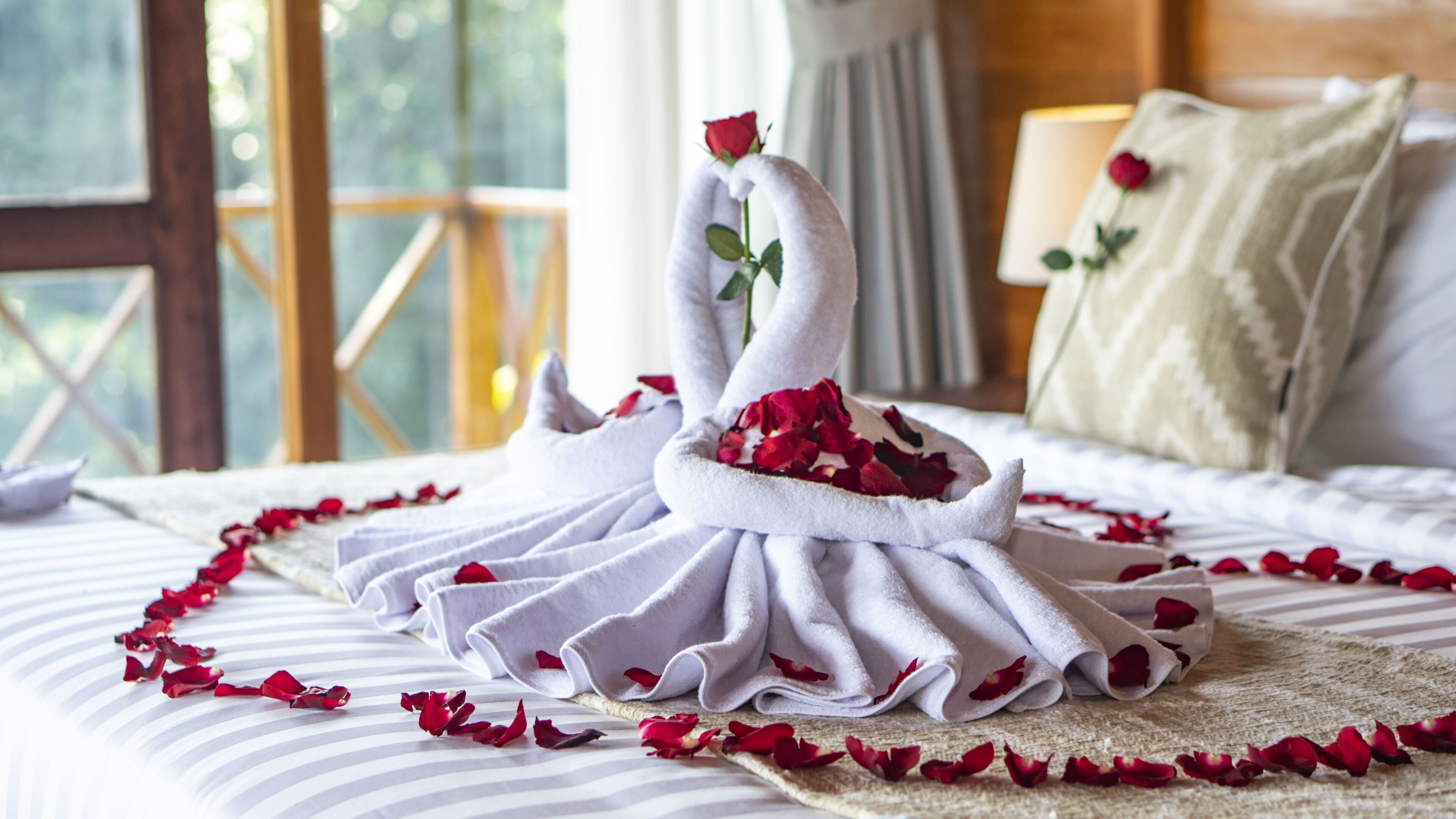 Un lit décoré avec des serviettes pliées en forme de cygne et des pétales de rose.