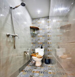 Shower, towels, toilet paper
