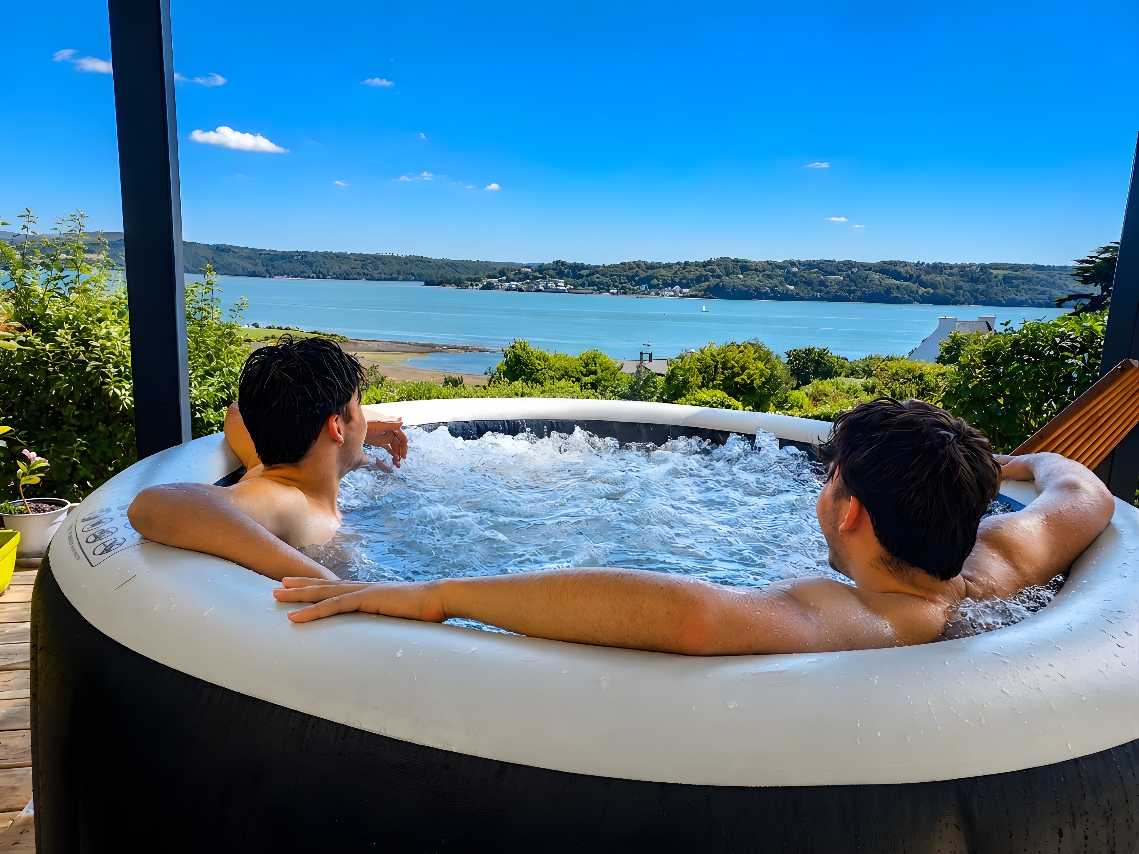 Two individuals in a hot tub with a scenic view of a lake and hills.