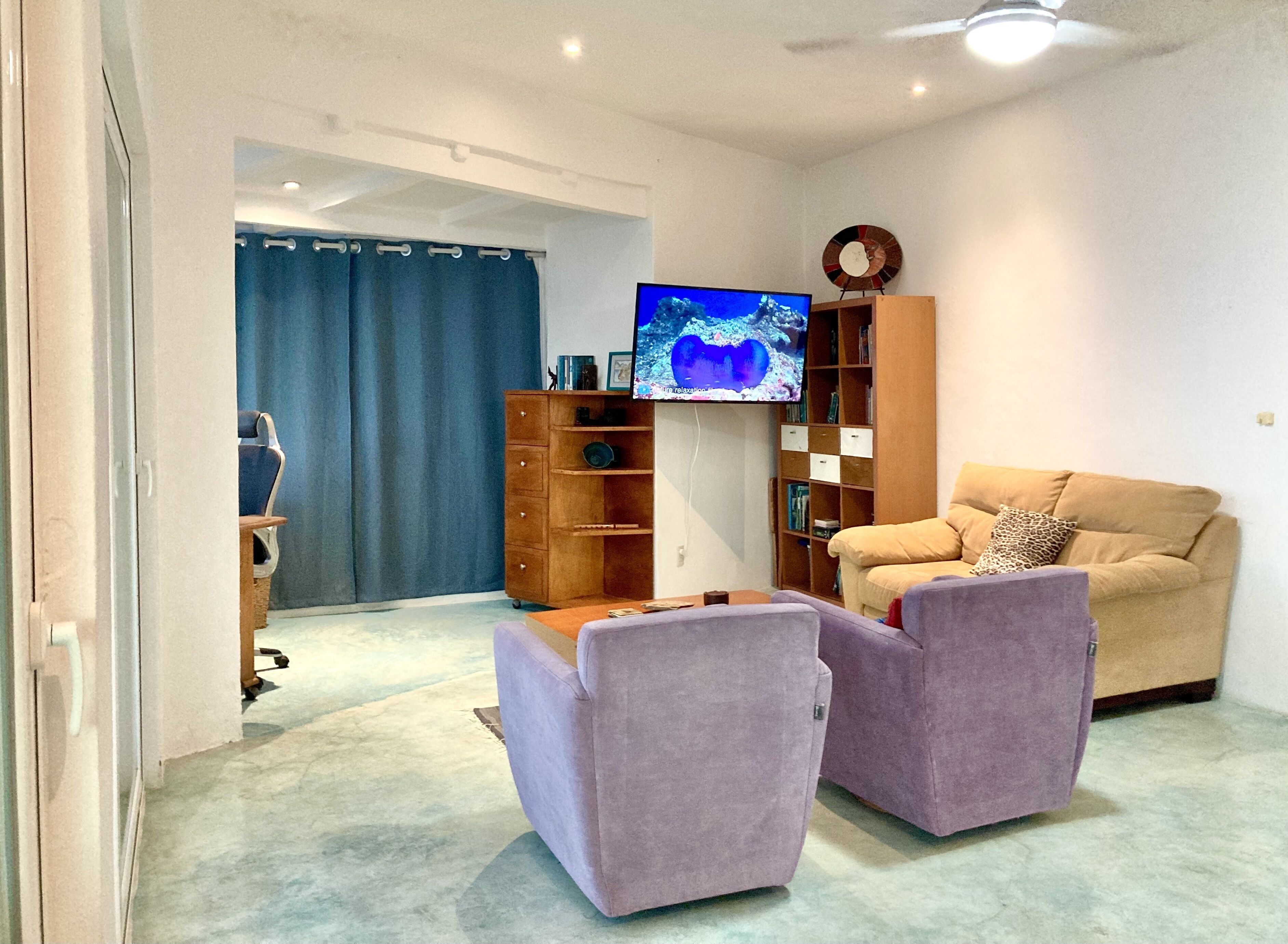 A living room with a sofa, two armchairs, a TV, a bookshelf, and a blue curtain.