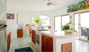 Full-size fridge, microwave, stovetop, espresso maker