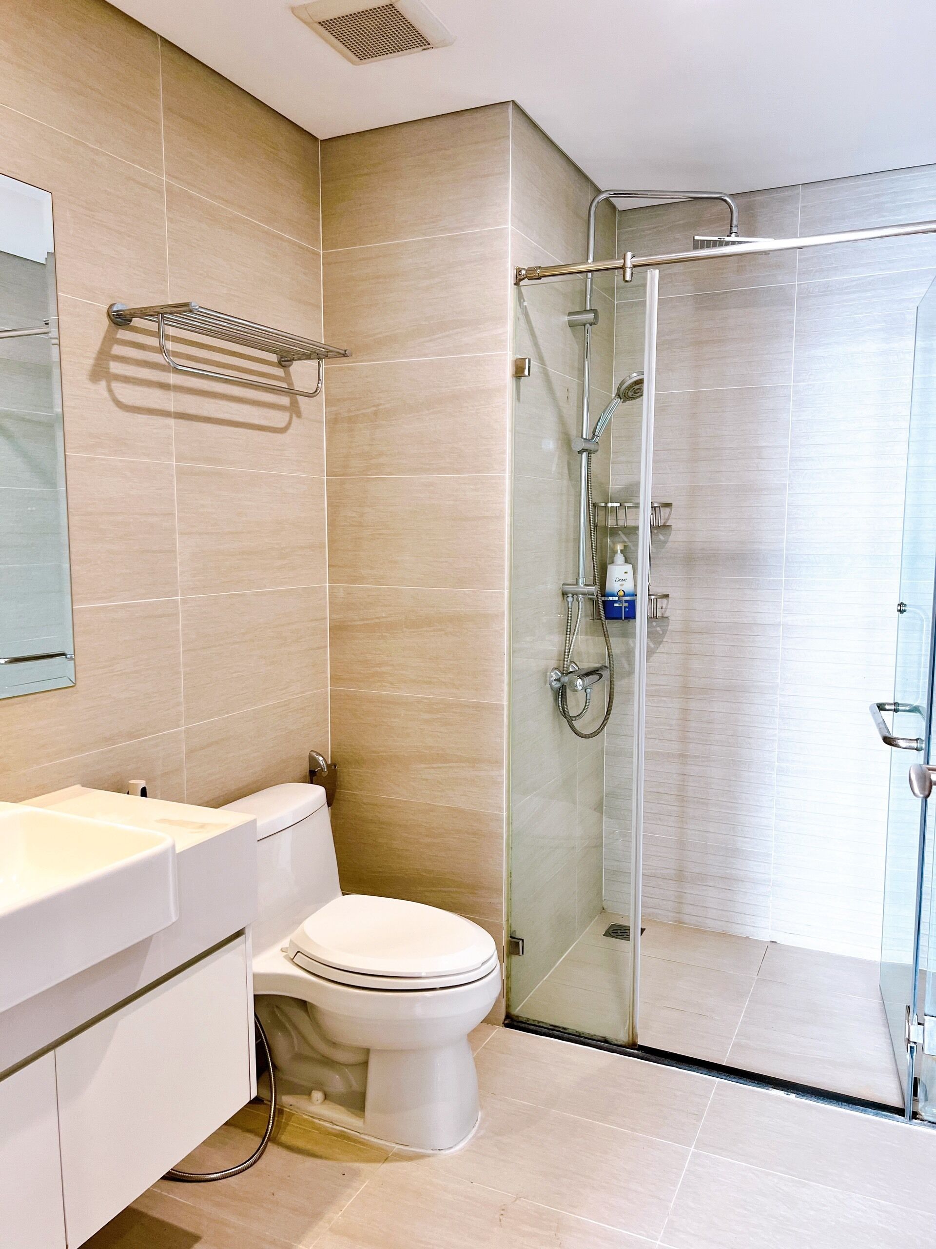 A modern bathroom with a glass shower enclosure, a white toilet, and a vanity with a mirror.