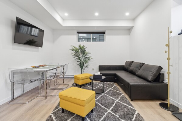 Smart TV, fireplace, books