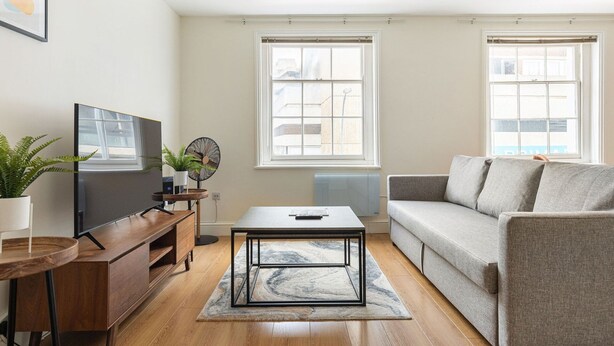 A modern living room with a flat-screen TV, a grey sofa, a wooden coffee table, and a potted plant.