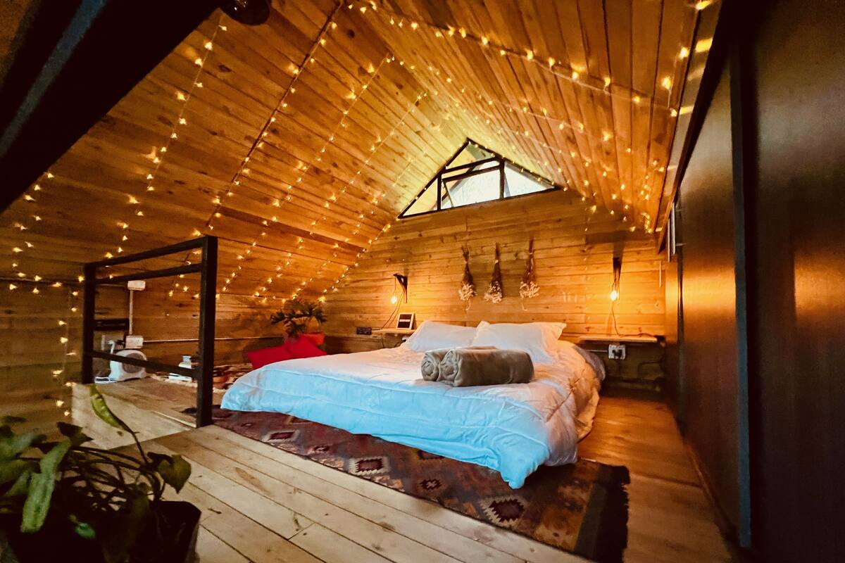 Een gezellige slaapkamer met een houten plafond, lichtslingers, een bed met kussens en een kleine plant.