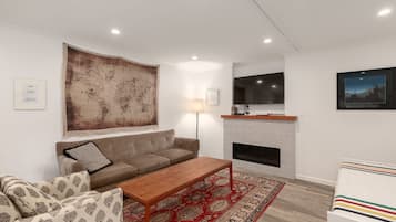 Smart TV, fireplace, books